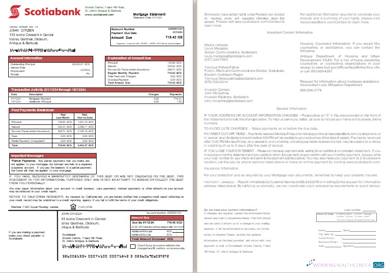 Download Antigua and Barbuda Scotiabank bank mortgage statement, 2 pages, 1 2 scr Photoshop template